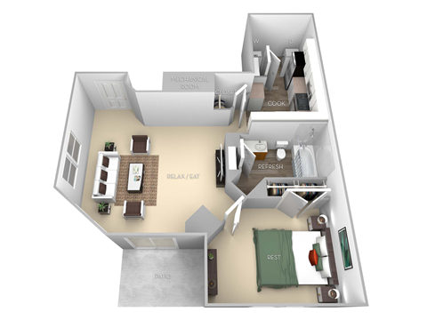 Adams II Barrington Park 1 bedroom 1 bath floor plan apartment at Barrington Park Apartments, Manassas, VA, 20110